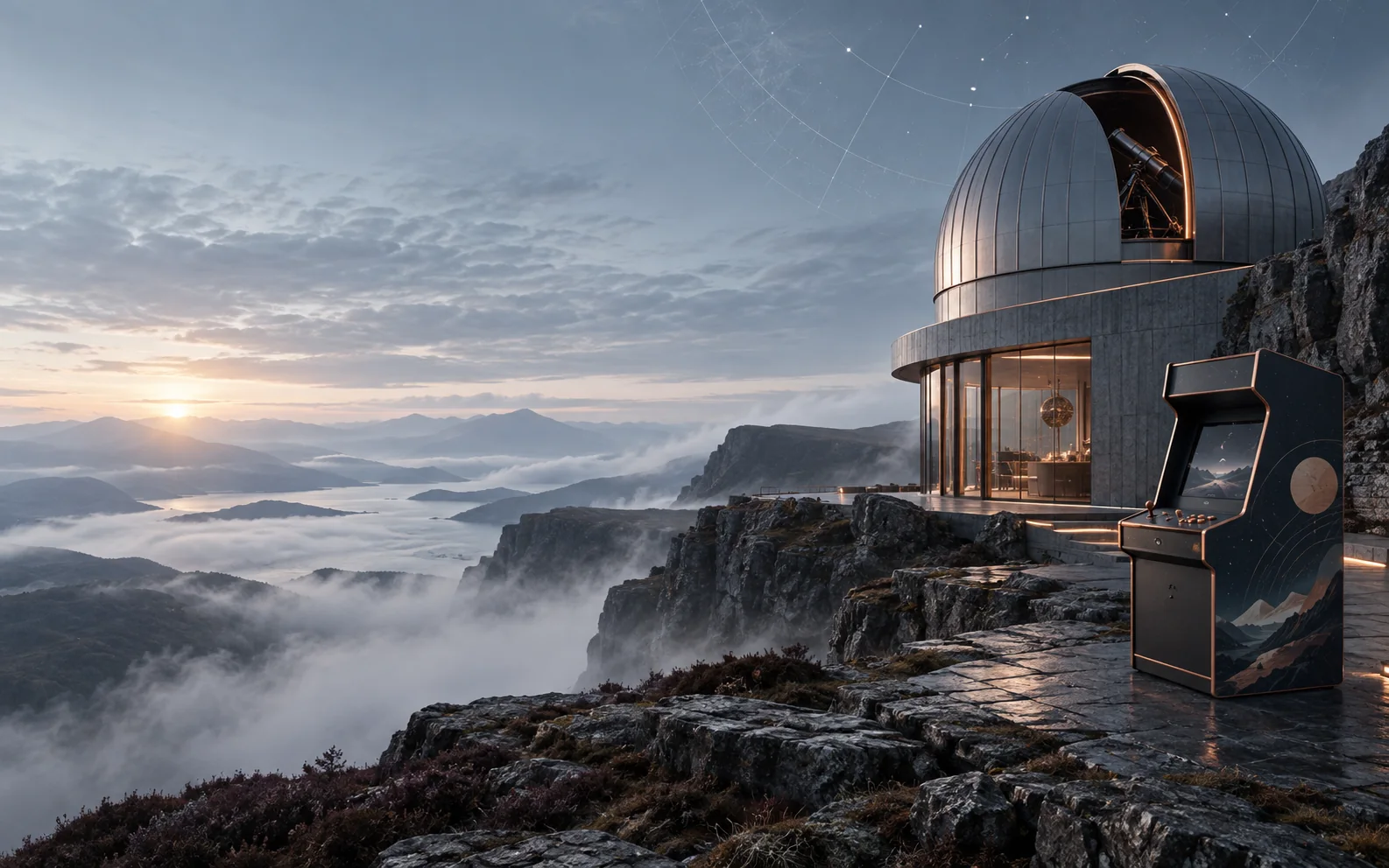 A contemporary observatory and entertainment cabinet in a misty highland landscape